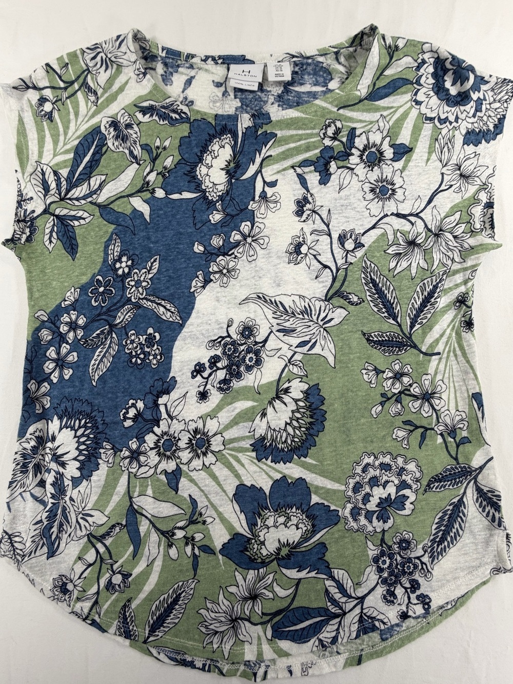 Halston 100% Linen Floral Top Medium Blue Green Botanical Short Sleeve